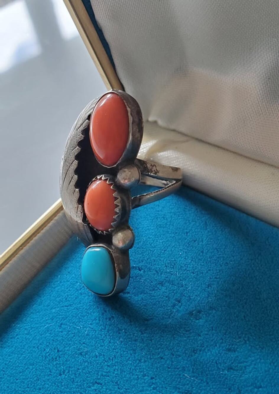 Vintage Elongated Turquoise and Coral Leaf Sterling Silver Ring